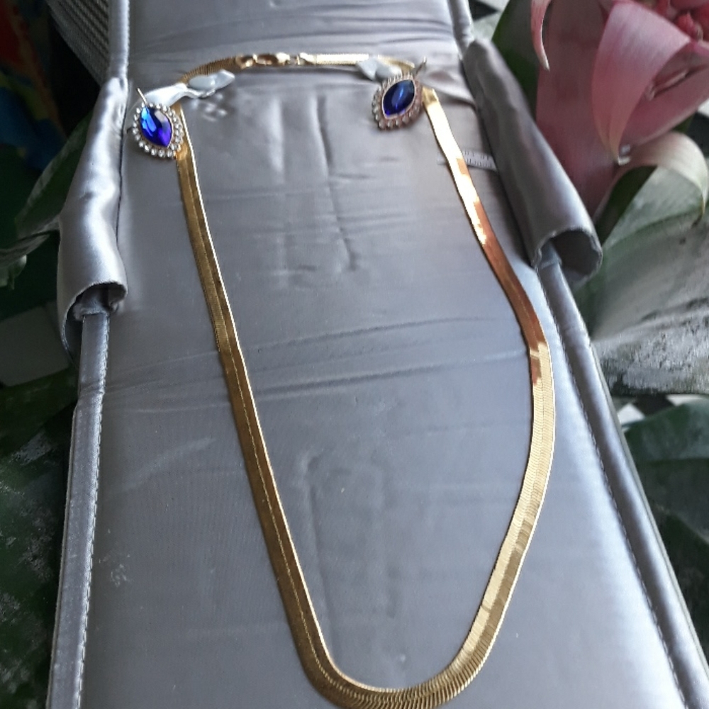 Gold herringbone necklace/ sapphire/diamond earrin